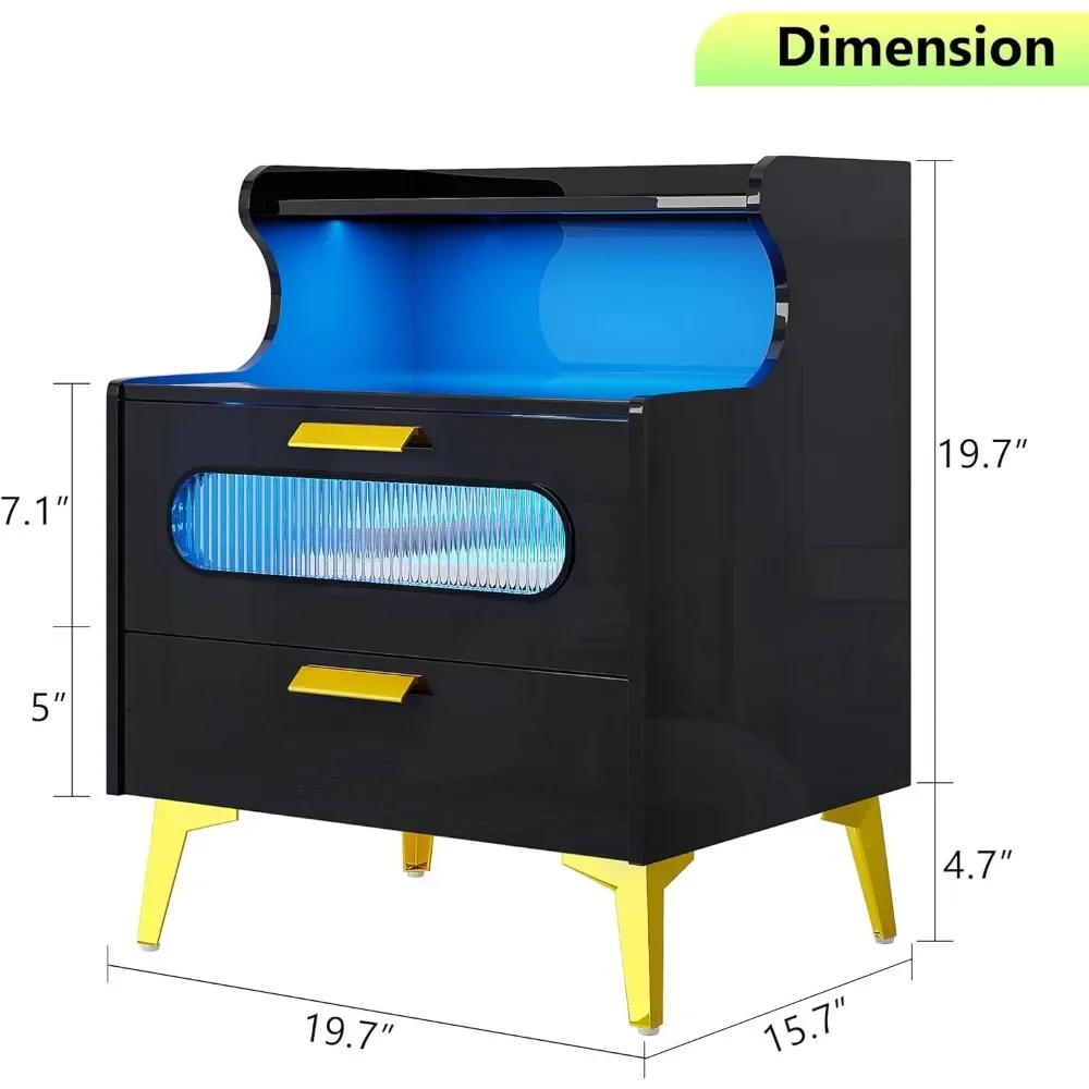 RGB Smart Bedside Table With Wireless Charging Station With Occupancy Sensor Design With 2 Drawers LED Modern Bedroom Furniture.