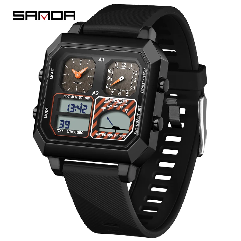 SANDA 6210 Smart Three Displays Watch Student Multifunctional Thermometer Luminous Date Outdoor Sports Electronic Men's watches