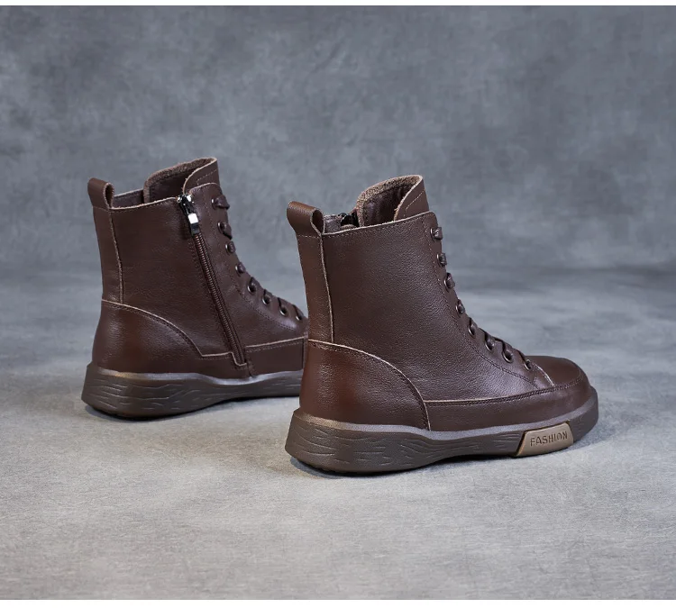 DRKANOL Frauen Echtes Leder Kurze Stiefel Runde Kappe Aus Echtem Leder Handgemachte Retro Street Style Winter Warme Wohnungen Stiefeletten – Detail 23