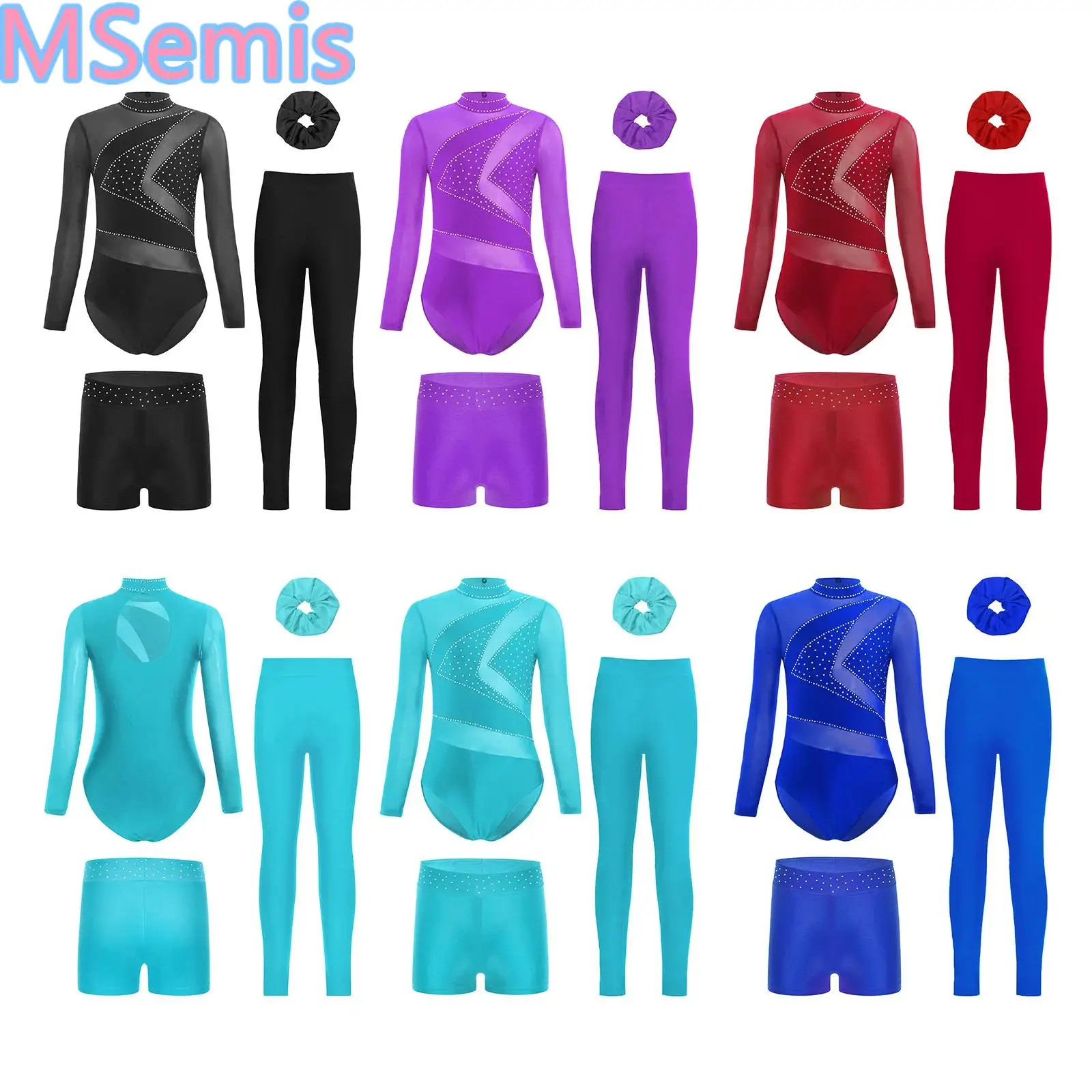 

Kids Girls Figure Skating Gymnastics Outfits Sheer Mesh Sparkly Rhinestone Leotard with Waistband Shorts Leggings Hairband