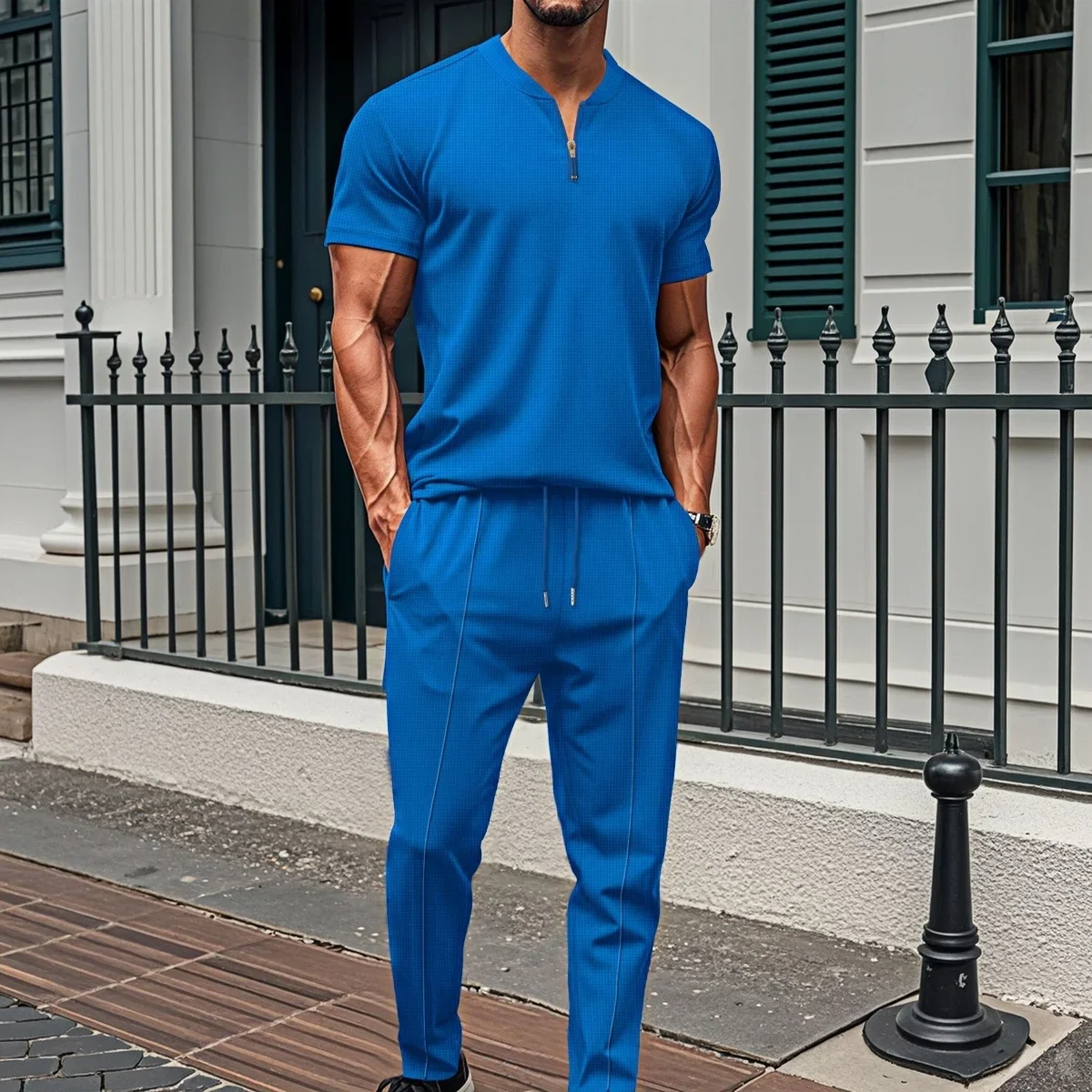 Men's Casual Loose Fit Two-Piece Set Short-Sleeved Pant Suit Waffle Check Zipper Stand Collar Solid Color Fashion Streetwear
