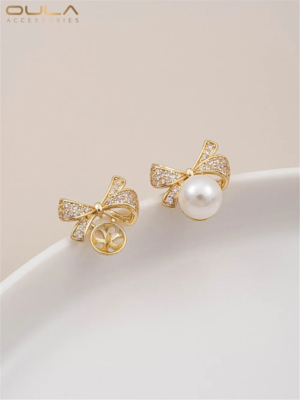Color Preservation 14K Gold Gold Zircon Bow Half Hole Pearl Bracket Earrings 925 Silver Needle Diy Earrings Materials