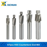 5/7pcs HSS Counterbore End Mill M3-M12 Pilot Slotting Tool Milling Cutter Countersink End Mills for Wood Metal Drilling 