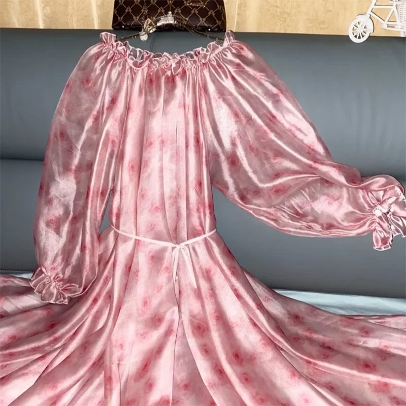 

Silk Floral Print Glossy Sexy See Through Men Women Long Dress Ruched Loose Maxi Night Dress Plus Size Soft Silky Sleeping Robe