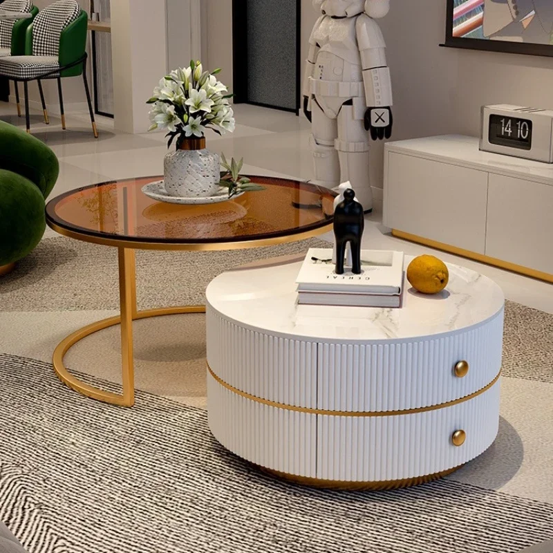 

Круглые двухслойные журнальные столики, легкая роскошная каменная тарелка, центральный стол, современный простой приставной столик для хранения, мебель для гостиной