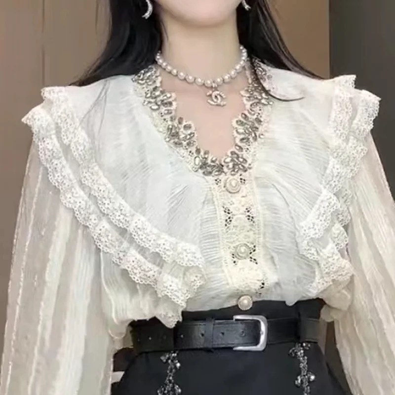 Shirt women's 2024 summer new French style flounces studded horn long sleeve temperament ladies wind jacket tide.