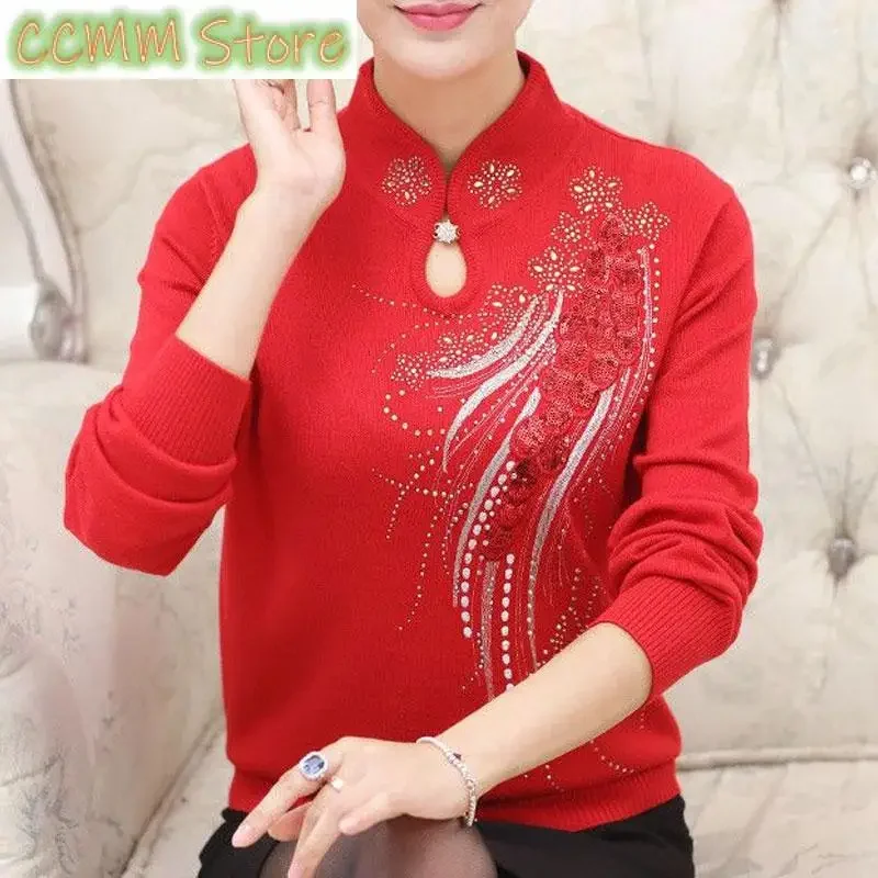 

Fashion Stand Collar Knitted Sweaters Female Clothing Folk Floral Diamonds Elegant Autumn Winter New Long Sleeve Knitted Jumpers