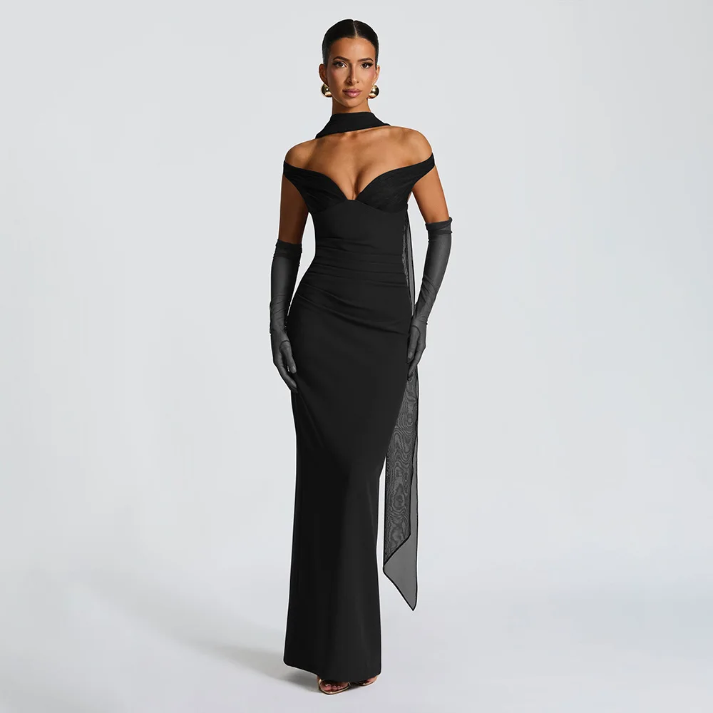 Scarf Collar Off-shoulder Sexy Maxi Dress Women Gown Fashion With Sleeve Strapless Backless Club Party Long Dresses