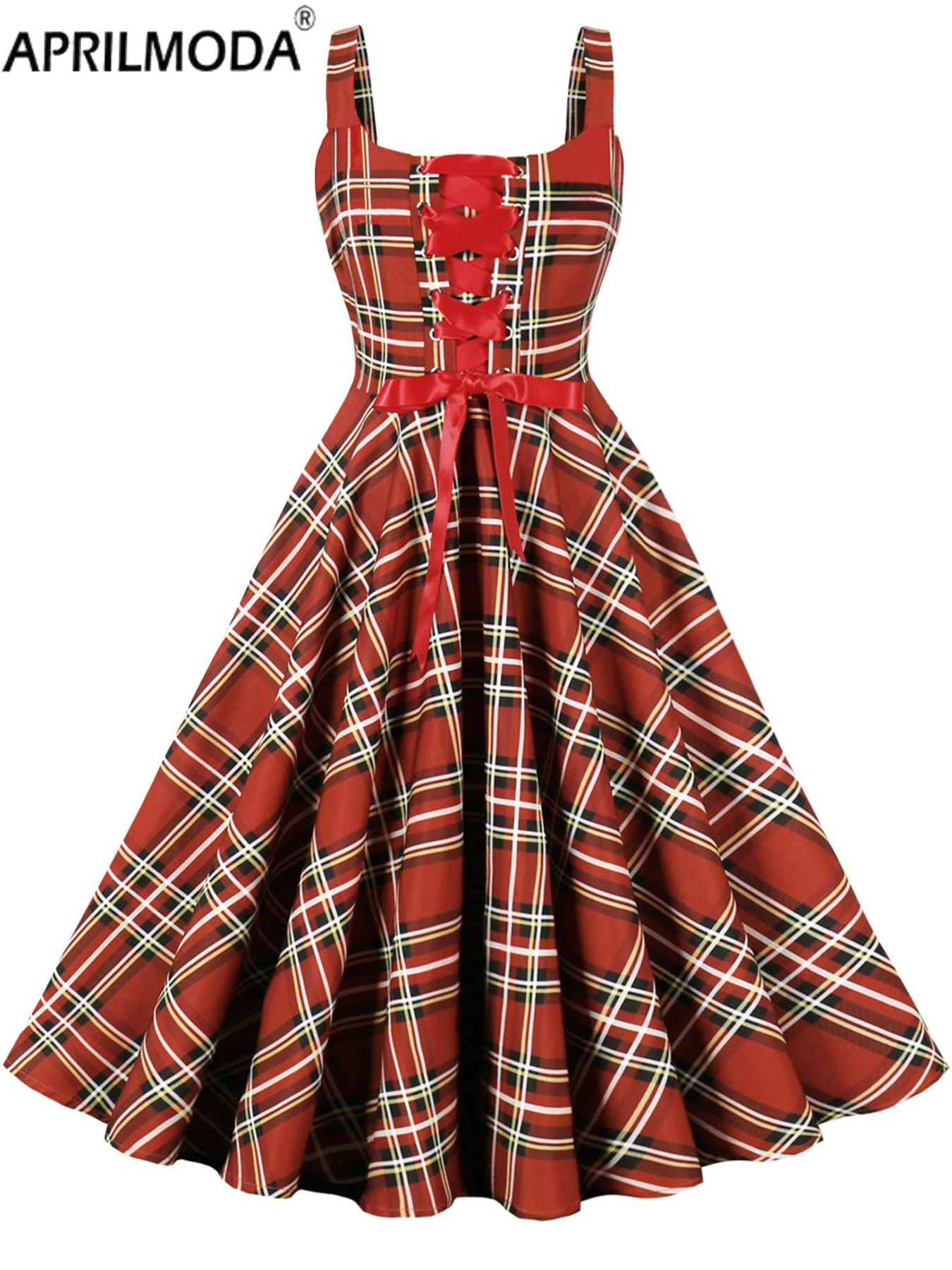 

Red Plaid Print Sling Party Short Vintage Dress French Style 1950s Style Big Swing Pinup Runway Rockabilly Short Prom Dresses