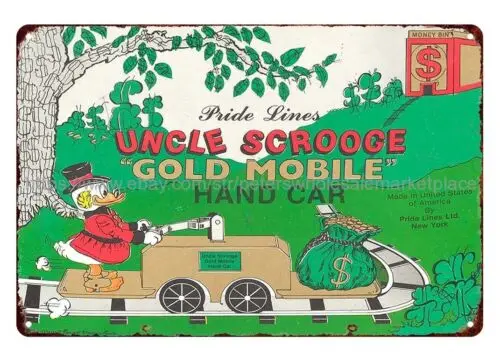 man cave  s 1930 UNCLE SCROOGE GOLD MOBILE HAND CAR MOTORIZED TOY metal tin sign sign