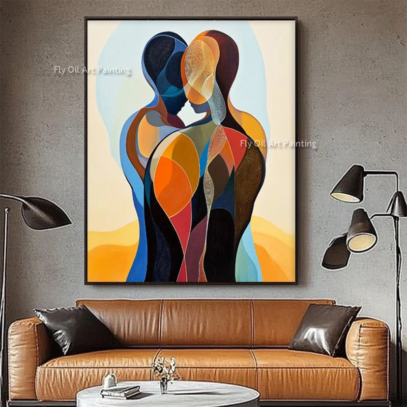 Orange Blue Abstract Men Wall Art Decor For Bedroom New Hand Painted Grey Beige Canvas Oil Painting People Hug Artwork As Gifts