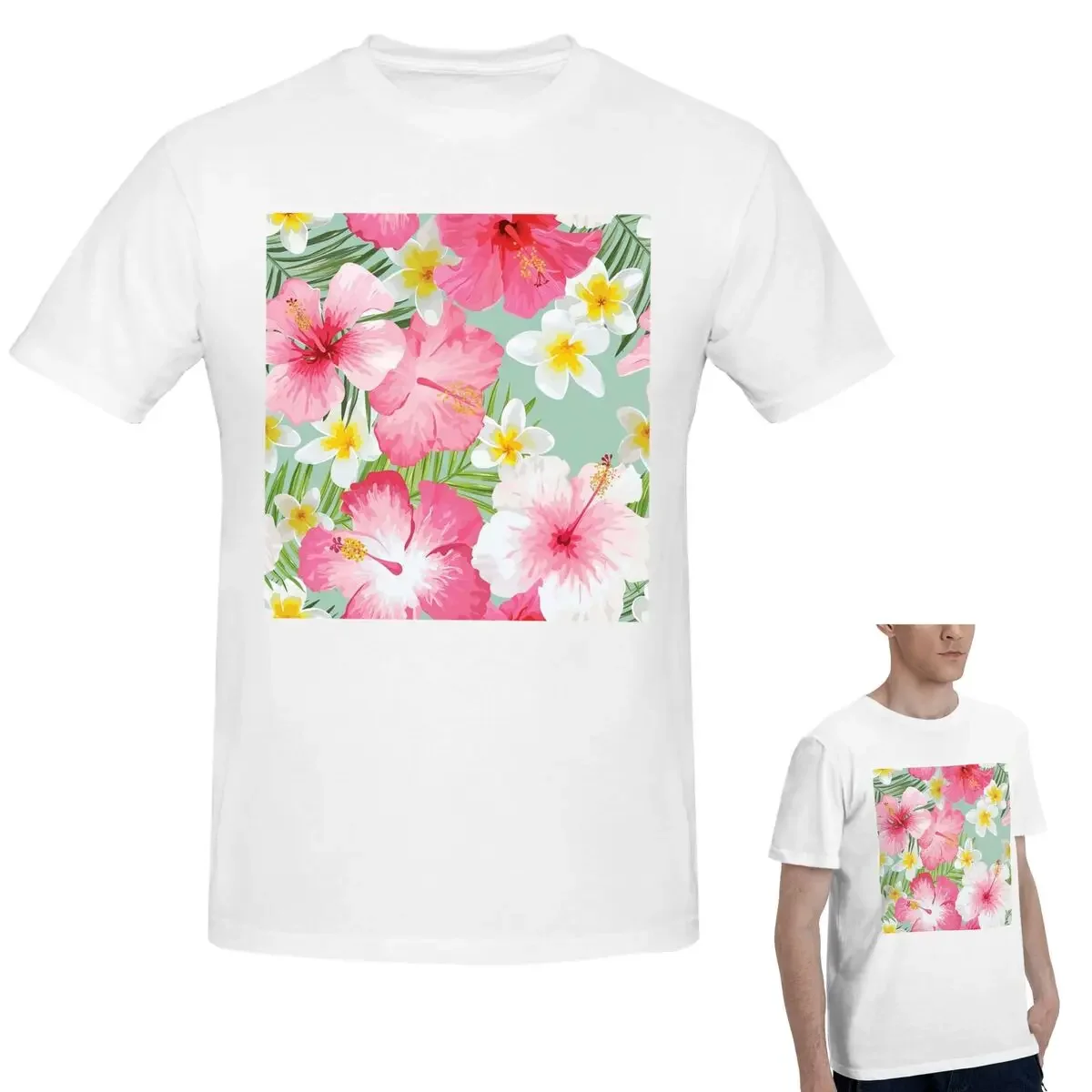 

100% Cotton Tropical Hibiscus And Plumeria Flowers T-Shirt Men's Funny Oversized T Shirt Men O-Neck Summer Shirts Tops S-6XL