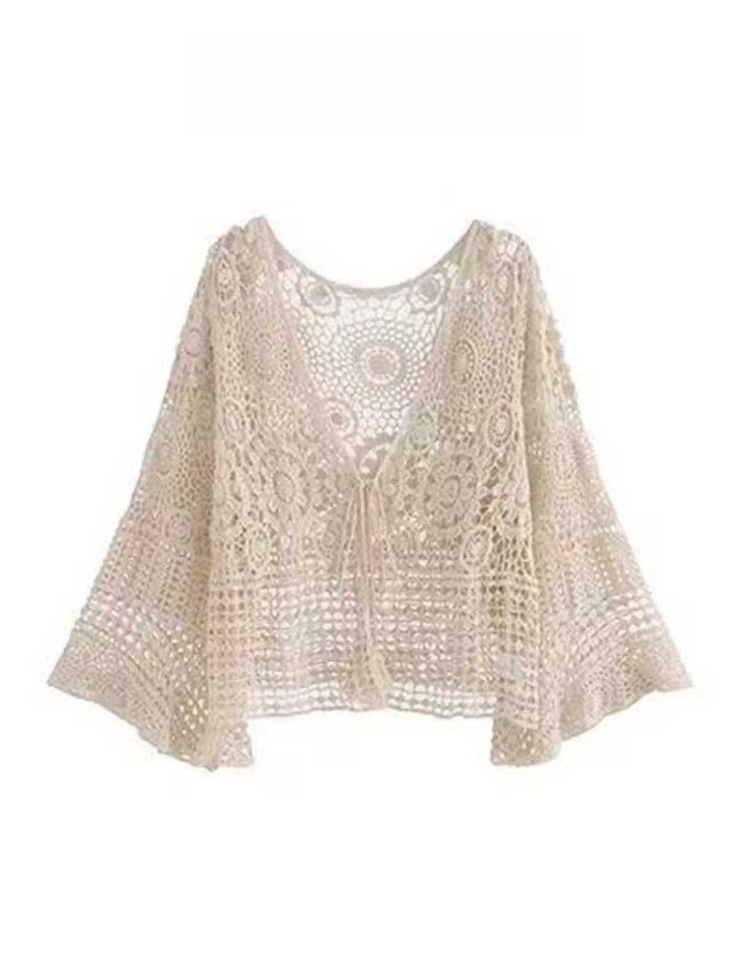 

Women's Long Sleeve Knitted Cardigan Summer Outerwear Beach Vacation Style Sun Protection Open Front Shawl Top Lace Hook Design