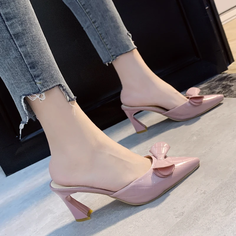 2025 New Spring and Summer Beautiful and Fashionable Women's Shoes Bow Design High Heel Half Slippers