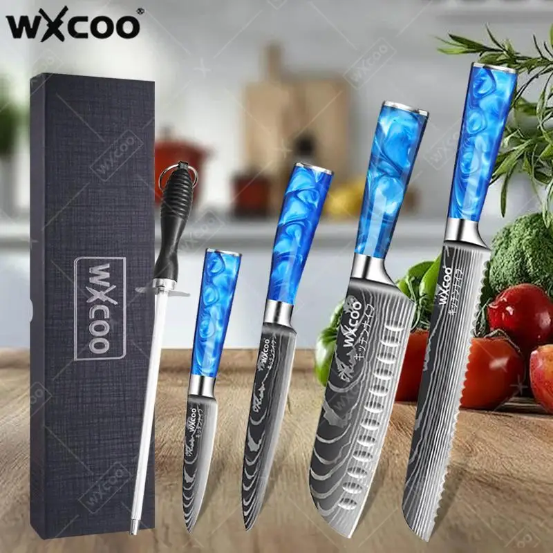 WXCOO Professionelles Küchenmesser Japanisches Santoku-Messer mit Laser-Damaszener-Muster und Blauem Kunstharzgriff, Allzweckmesser mit Geschenkbox