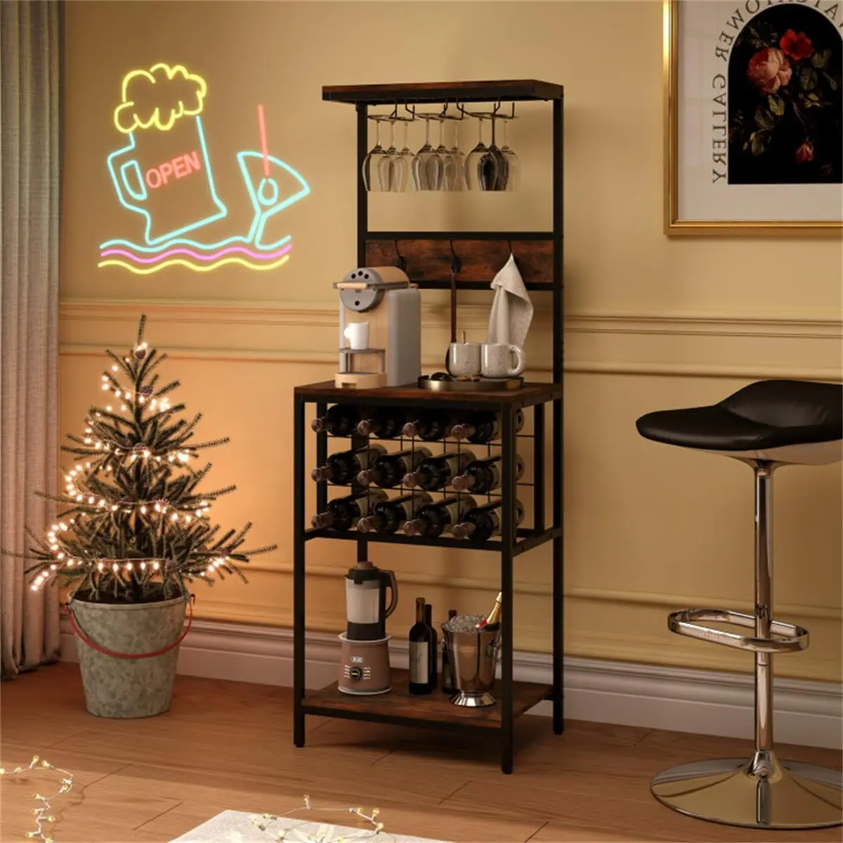 Industrial Bar Cabinet with Wine Rack & Glass Storage, Freestanding Sideboard & Buffet, Bottle Holder, Home Bar, Customized image 2