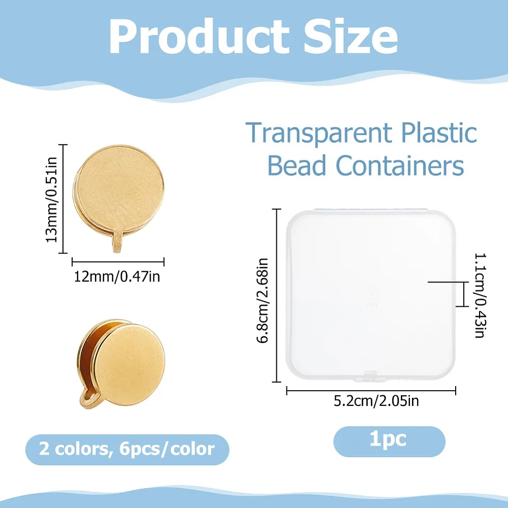 12Pcs 2 Colors 304 Stainless Steel Cuff Earrings Flat Round Golden Stainless Steel Color 13x12mm 6pcs/color view 2