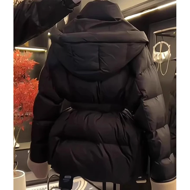 

Women's Black Hooded Cotton Coat 2026 Winter New Top Slim Waist Parkas Padded Casual Jacket Chic Long Sleeve Windproof Outerwear