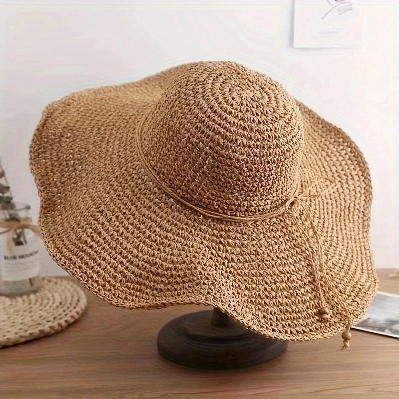 Large lace bow straw hat summer beach sun shade neutral breathable adjustable ladies summer fashion sun hat