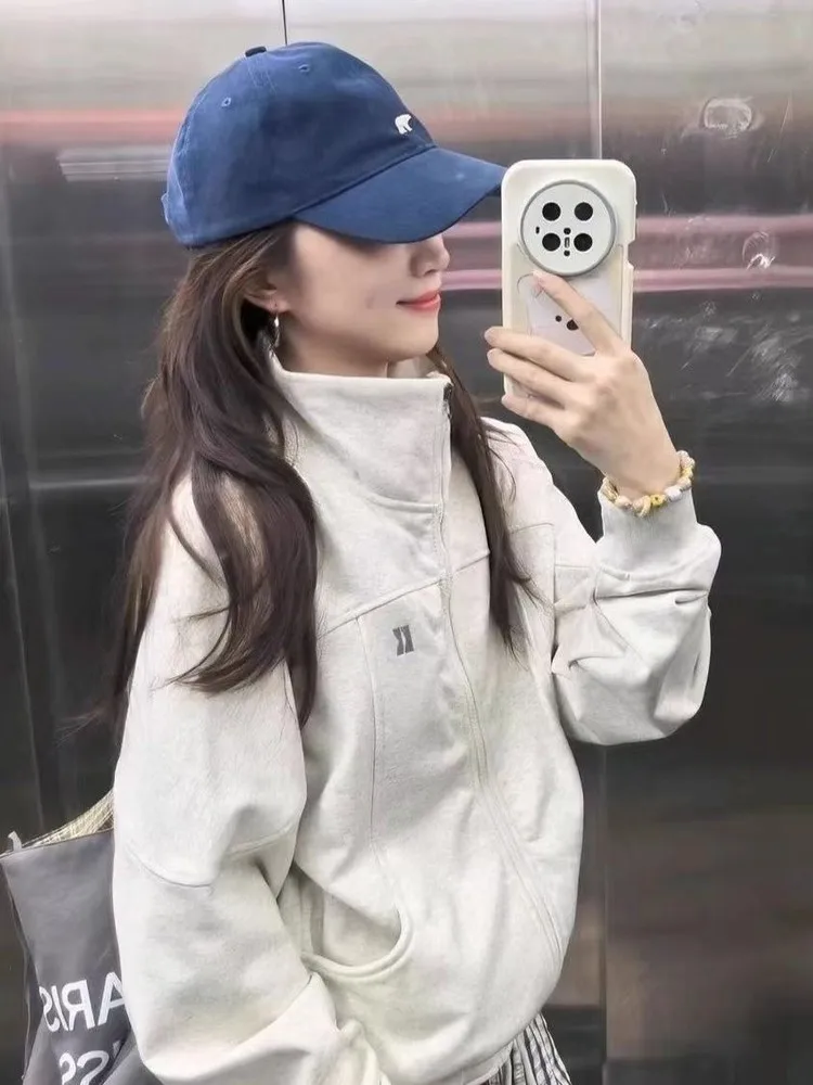 

Retro American Zipper Stand Collar Sweatshirt Women Early Autumn Korean Style Lazy Short Jacket Coat Casual Loose Fit Long Sl...