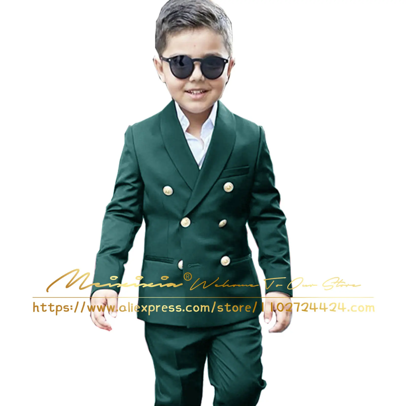 Handsome Black Boys Suit Double Breasted Blazer Set 2 Piece Kids Jacket Pants Wedding Tuxedo Gold Buttons Fashion Child Outfit