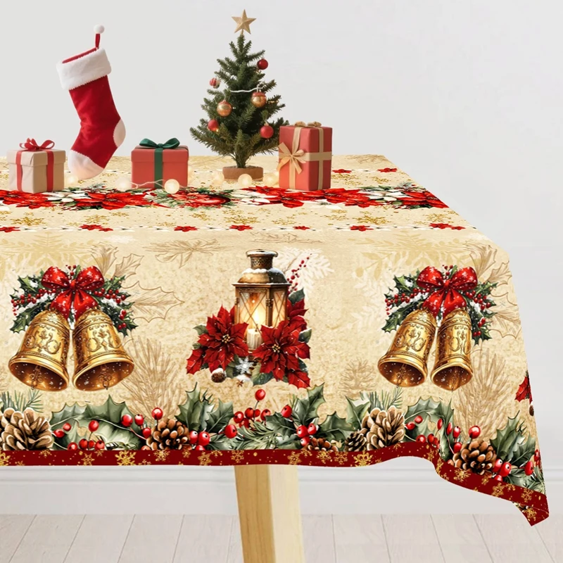 Vintage Christmas Tablecloth Poinsettia Bell Tablecover Christmas Decorations for Home 2025 Navidad Gifts Dining Table Cover