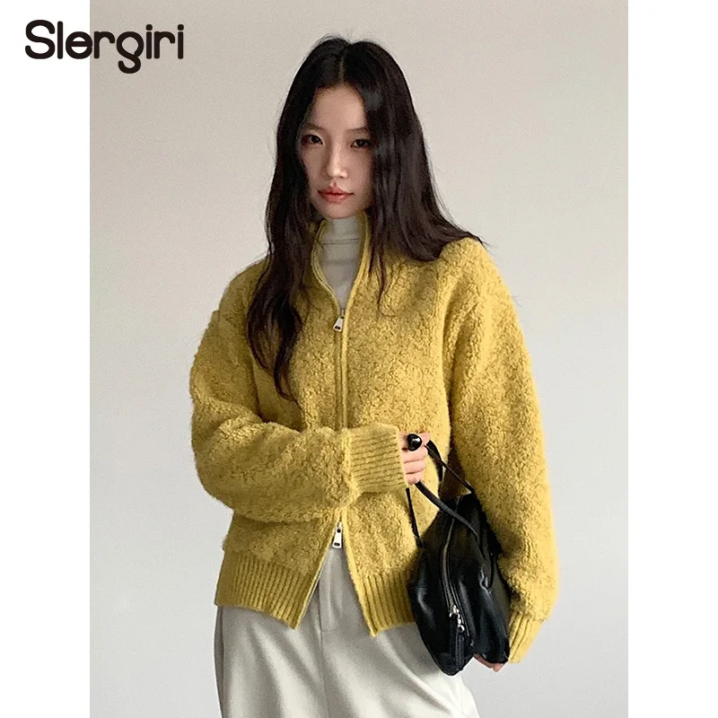 

Женский вязаный кардиган Slergiri с двойной молнией, модный, новинка 2026 года, осень-зима, однотонный, свободный, повседневный, с длинными рукавами, свитер-пальто