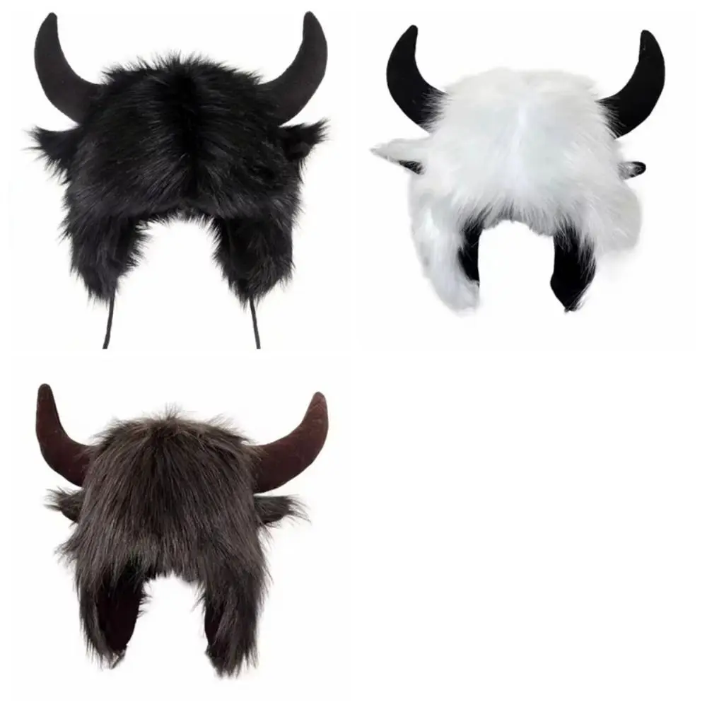 Furry Solid Color Ox Horn Hat Fur Trim Thickened Lei Feng Cap Thermal Fluffy Winter Pullover Cap Riding 6