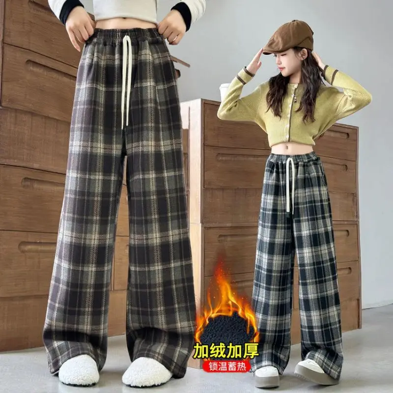 

Свободные прямые детские зимние теплые клетчатые штаны для девочек с пуговицами, утепленные брюки для женщин и детей, повседневные термоспортивные штаны, От 4 до 14 лет