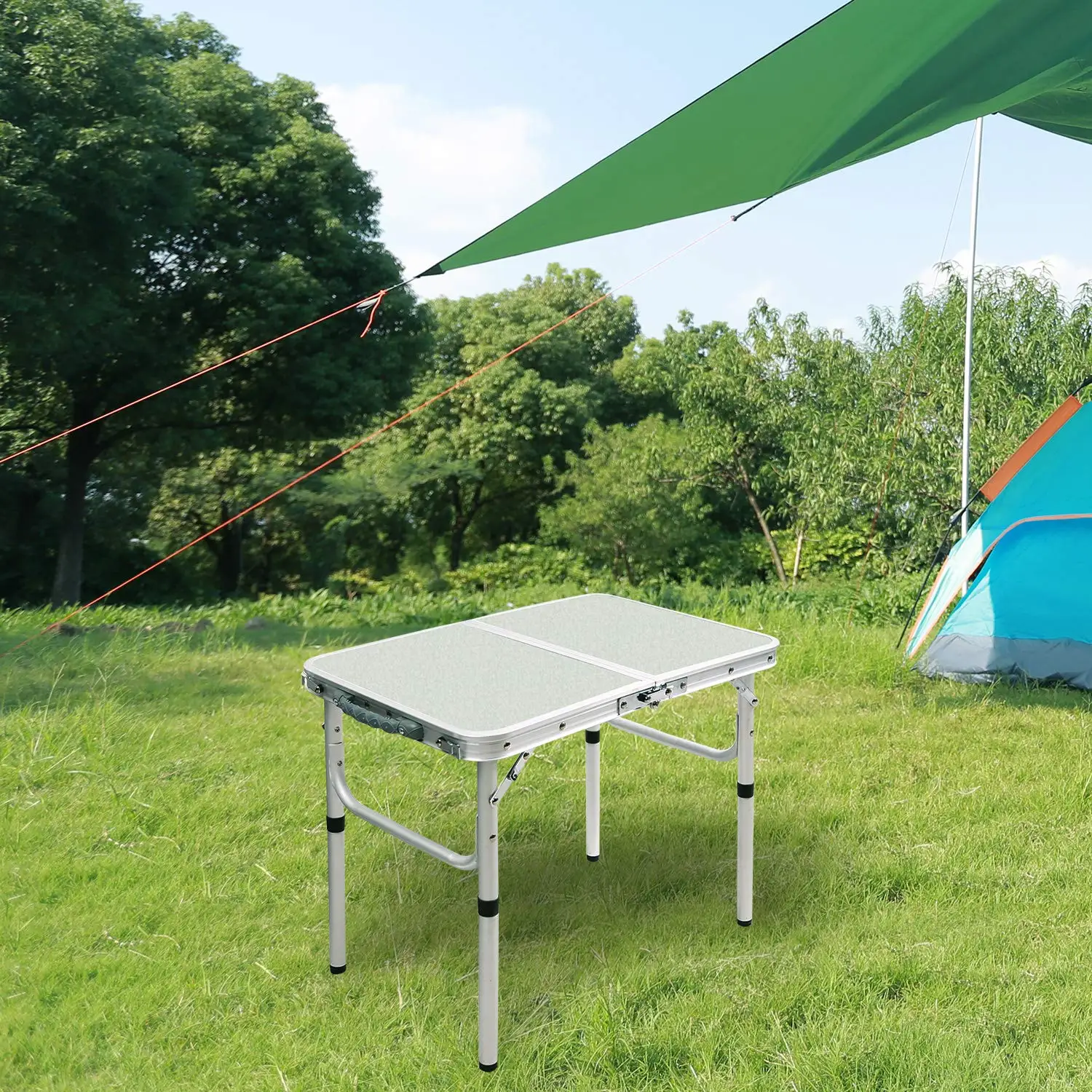 Small Folding Table Portable with Adjustable Height Legs, Lightweight Sturdy Aluminum Outdoor Folding Table for Camping Cooking