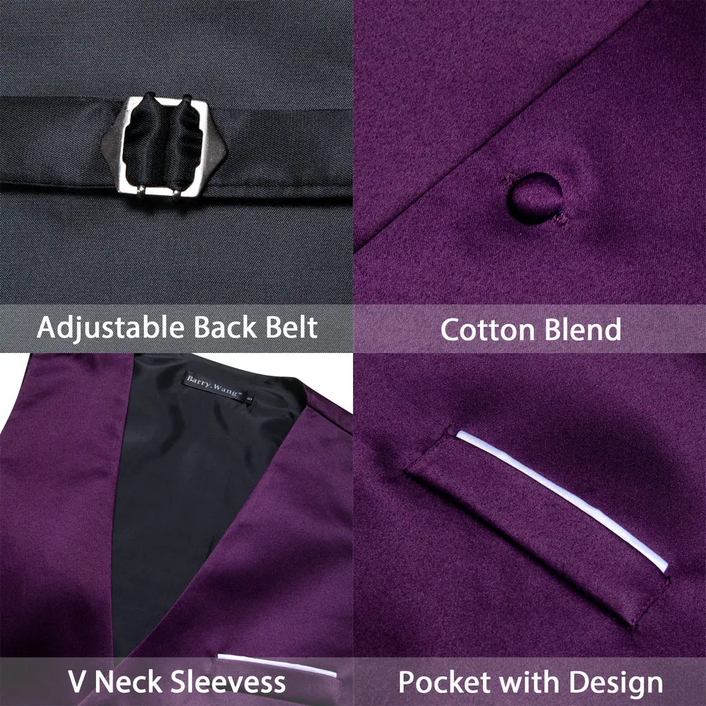 Luxury Vest for Men Purple Solid Satin Waistcoat Tie Bowtie Hanky Set Wedding Formal Male Suit Sleeveless Jacket Barry Wang