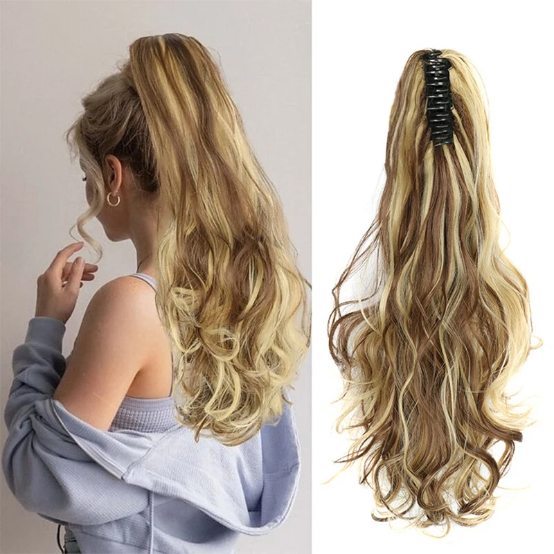 Long Curly Wavy Ponytail Hair Extensions Claw Clip on Ponytail Synthetic 24 Inch Heat-Resistant Horse Tail Hairpieces for Women