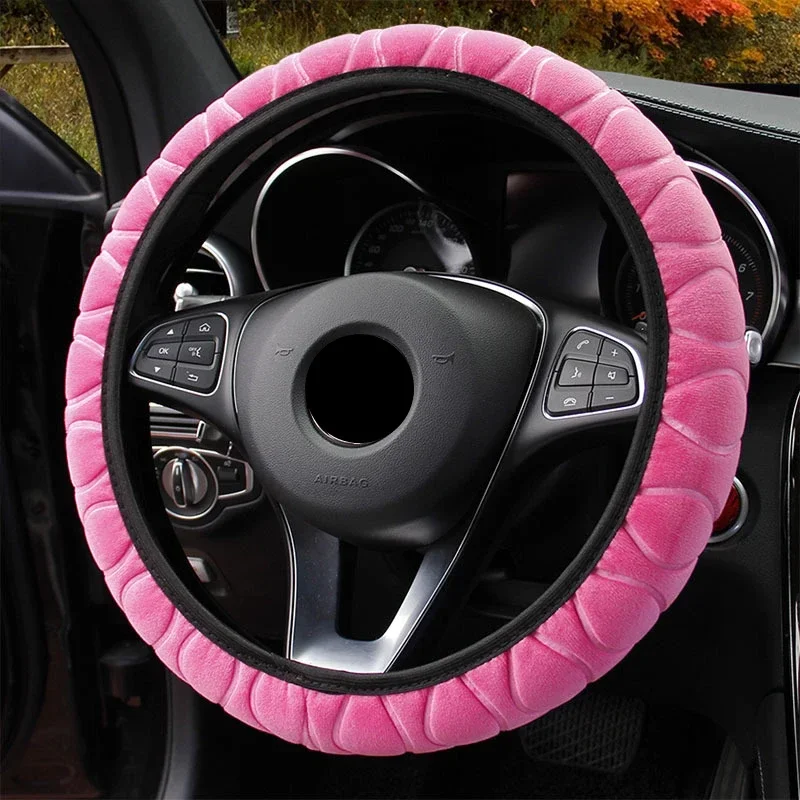 Universal 37-39cm Pink Steering Wheel Cover Soft Warm Plush Steering Wheel Cover for Winter Car Steering Wheel Interior Parts