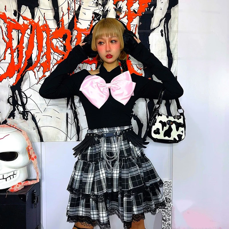 Japanese Dark Punk Retro Subculture Sweet Cool Y2k Mini Skirt Elastic High Waist Lace Splicing Fluffy Cake Skirts Women Summer