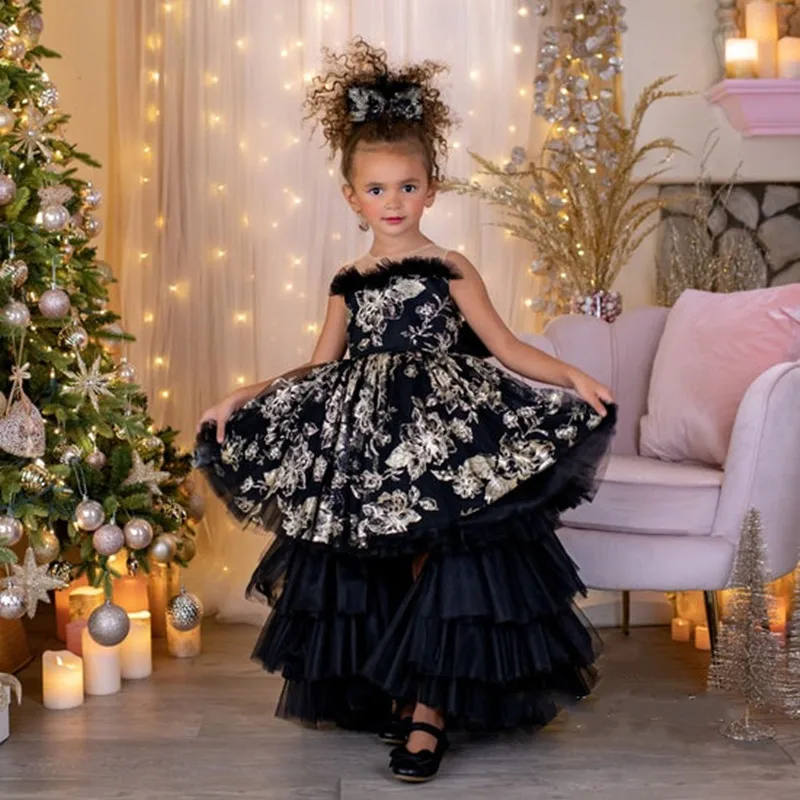 

Princess Black Layered Tulle Flower Girl Dress For Wedding Sheer Neck Ruffles Cotton With Bow Kids Birthday Party Pageant Gowns