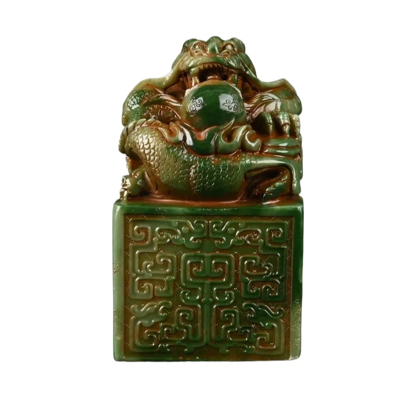 Antique Chinese Green Jade Dragon Seal Vintage Imperial Style Carved Beast Statue Feng Shui Decorative Items Ornaments Seal