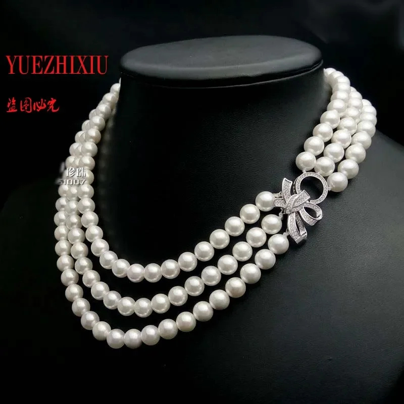 3row 7-8MM Round White Sea pearl necklace short Girls Gifts Beads Silver collarbone chain Wholesale price