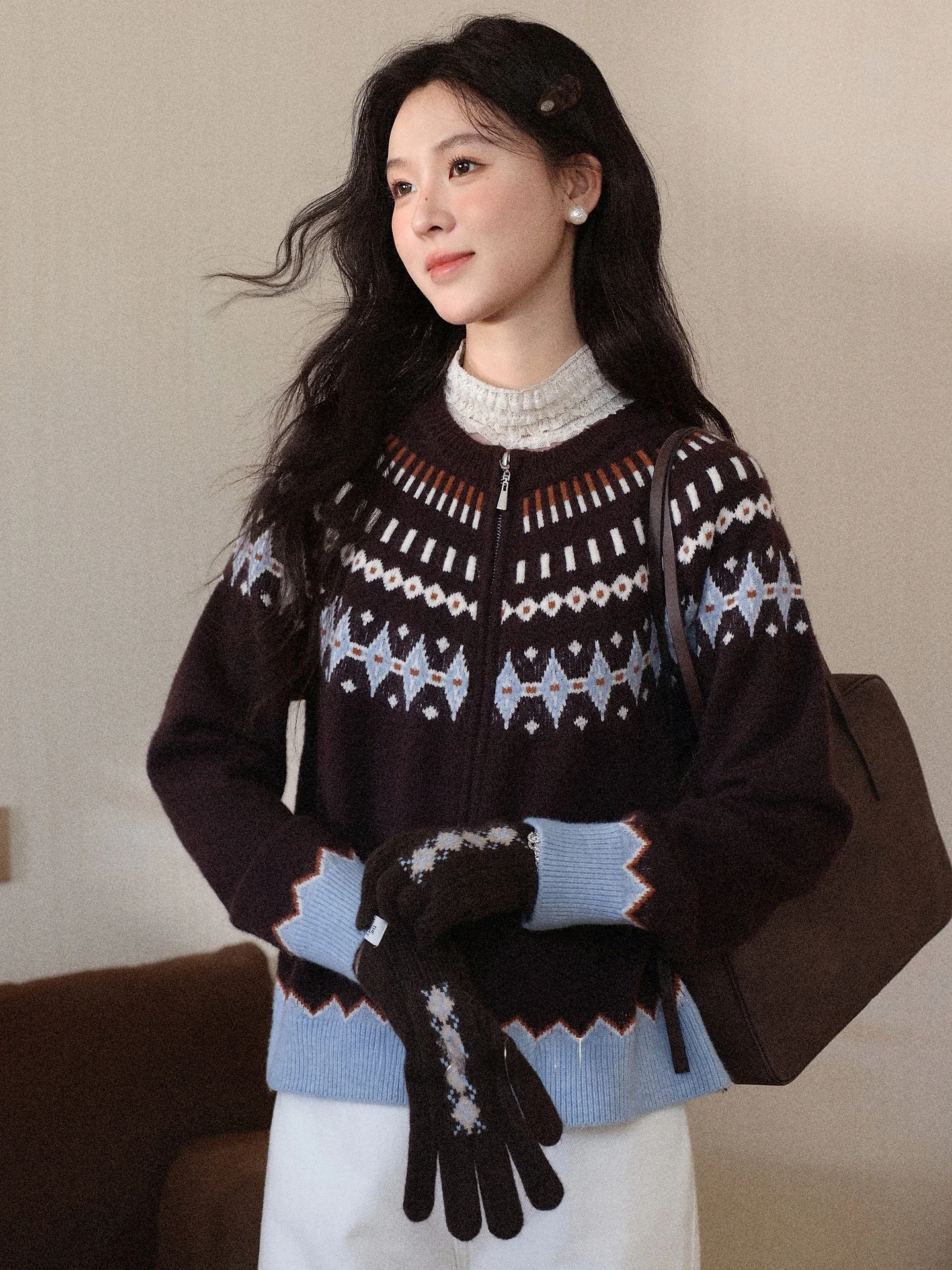 

Женский открытый кардиган-свитер Southward Deer Breeze Warm Sun Coffee Fair Isle с круглым вырезом и длинными рукавами, повседневная зимняя одежда