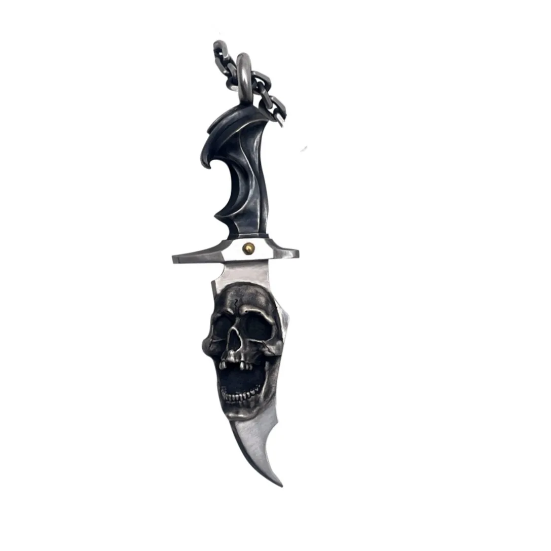 Europe and America Retro Silver Color Fine Carved Skull Dagger Necklace UNISEX Man Punk Hip Hop Party Jewelry Necklace