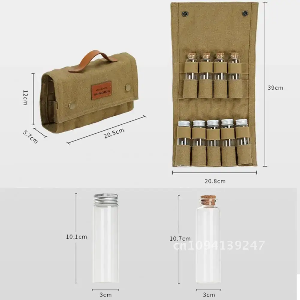 9 ثقوب مجموعة زجاجات التوابل التخييم للطي الشمع فو حقيبة قماش التخييم التنزه الجلود Bushcraft نزهة مقاوم للماء التوابل