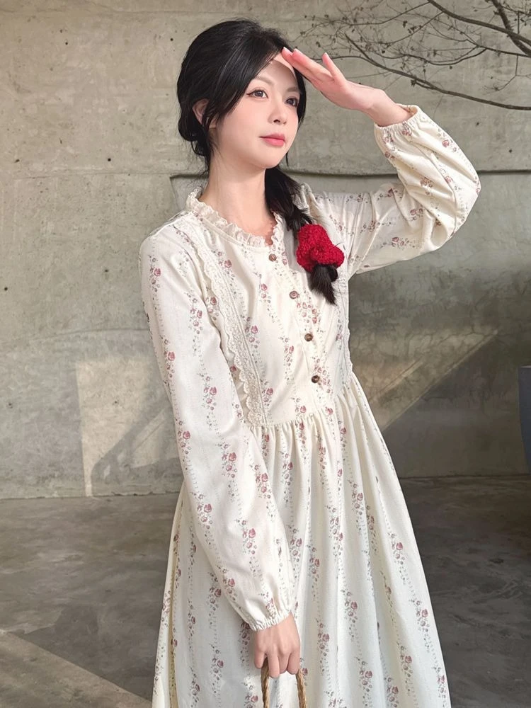 Women Floral Corduroy Dress Sweet Style Spring Autumn Long Sleeve Maxi Dress Round Neck Lace Trim Patchwork Loose Fit Casual
