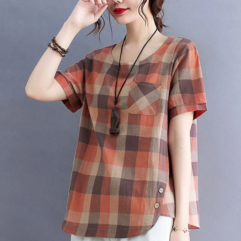 Vintage Plaid Print Pocket Irregular Casual Tops for Women 2023 Summer Round Neck Short Sleeve Loose Cotton Linen Shirts Blouses