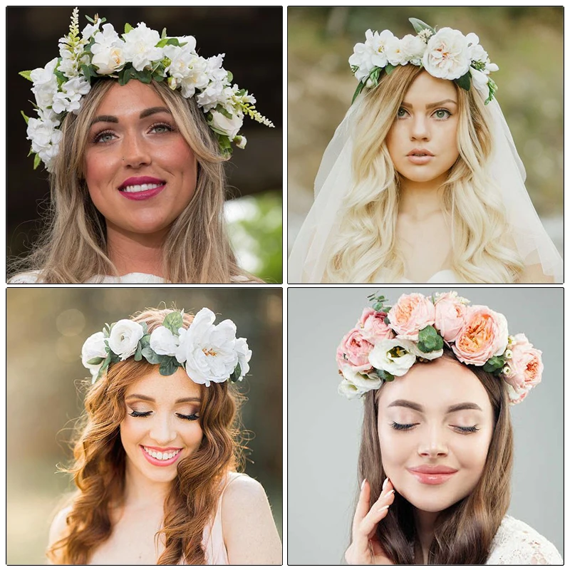 AWAYTR Flower Headbands Bridal Hair Ornaments Rose Floral Hairbands for Women Bezel Hair Bands Spring Wedding Garlands Crown