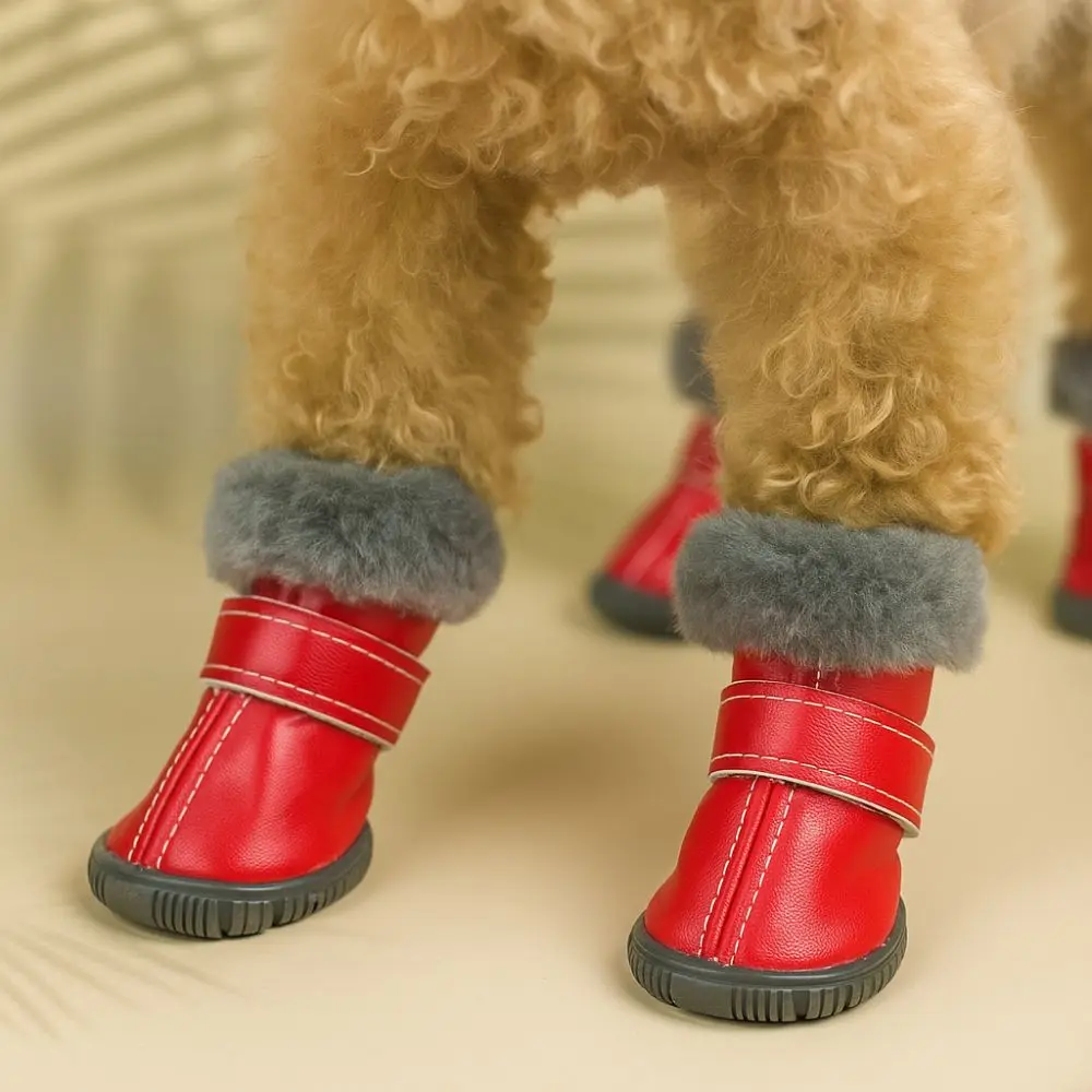 4PCS Plush Winter Pet Dog Shoes Rubber Soles Anti-Freezing Waterproof Dog Boots Wear-resistant PU Leather Dog Fleece Shoes