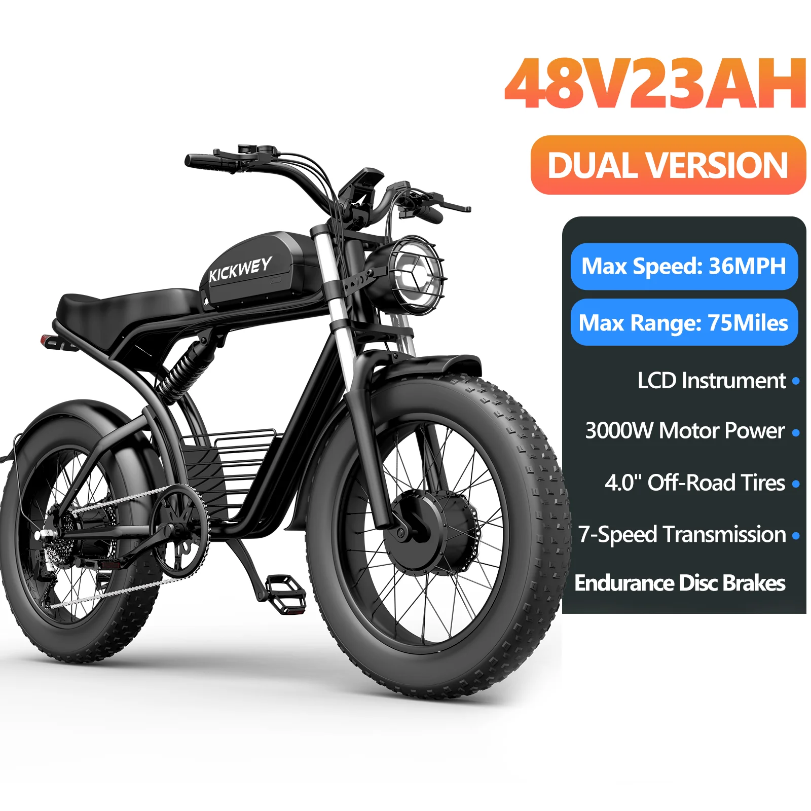 Kickwey NEW K7 Max Dual Motor Dual Battery Ebike 3000W 48V 46Ah 20 Inch Fat Tire Off Road 1-Year Warranty Local Fast Shipping image 4