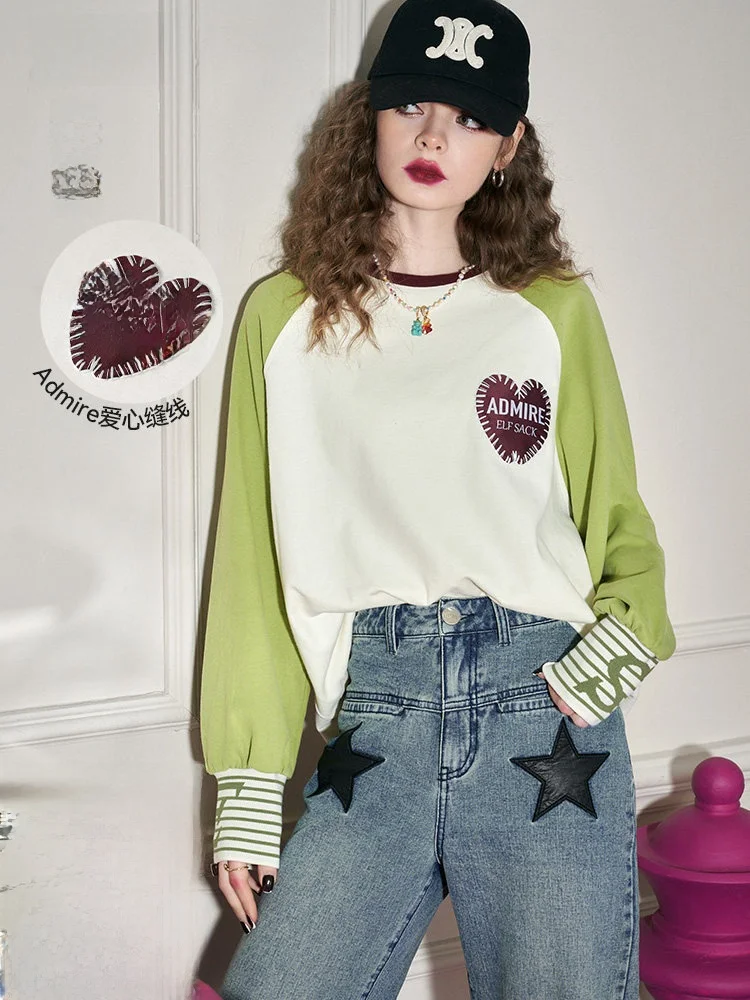 

Свободная женская футболка с длинным рукавом, круглым вырезом, цветными вставками на плечах, из хлопка, повседневная, осенняя новинка