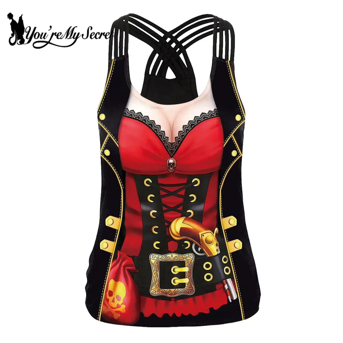 [You're My Secret] Halloween Tank Top 12% Spandex Summer Sexy Sling Cross Vest Casual T-Shirt Female Pirate Cosplay Clothing