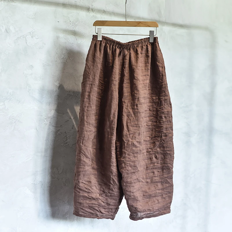 100% الكتان المرأة عادية سراويلي حريمي جديد وصول 2025 الربيع خمر نمط عادي اللون فضفاض مريح الإناث السراويل T455