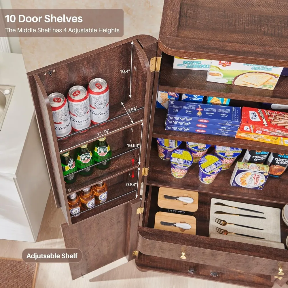 71인치 높이 주방 팬트리, 모던 곡선형 팬트리 수납장 (4개 도어, 6개 조절 가능 선반 포함), 주방용 찬장, 식탁용