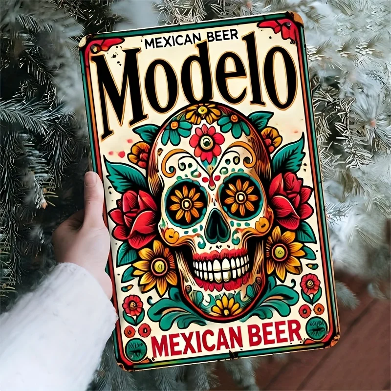 Vintage Mexikanisches Bier Metallschild - Rustikale Eisenwanddekoration für Zuhause, Bar, Café, Garage, Bauernhaus Buntes Totenkopf-Design mit Fl